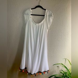 White swim cover up, dress, multicolor fringe, fits Large to 2X